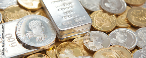 Closeup of 9999 platinum bars and gold coins, emphasizing toptier assets and investment security