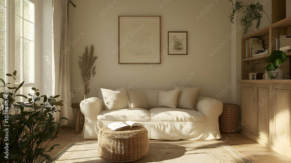 Fototapeta premium Minimalist French Country-Inspired Living Room with Light Walls, Beige Sofa, Elegant Wood Accents, and Rustic Charm