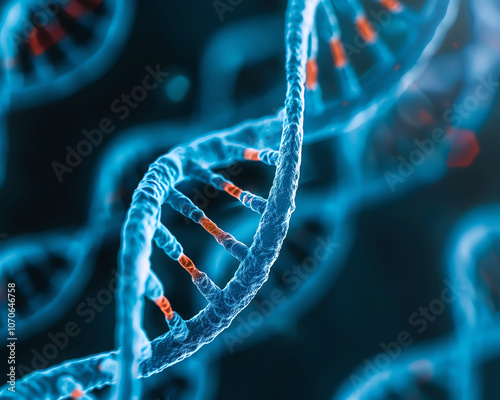 Closeup of DNA defect highlighting genetic aberrations and malfunctions, detailed visualization, high resolution, vivid colors