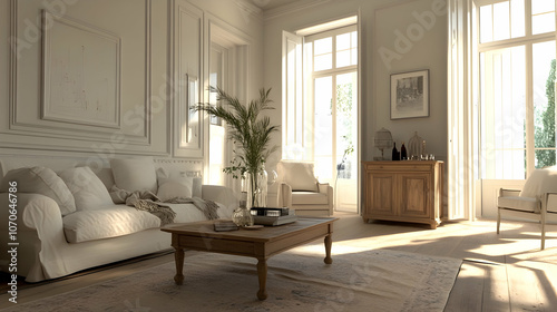 Minimalist French Country-Inspired Living Room with Light Walls, Beige Sofa, Elegant Wood Accents, and Rustic Charm