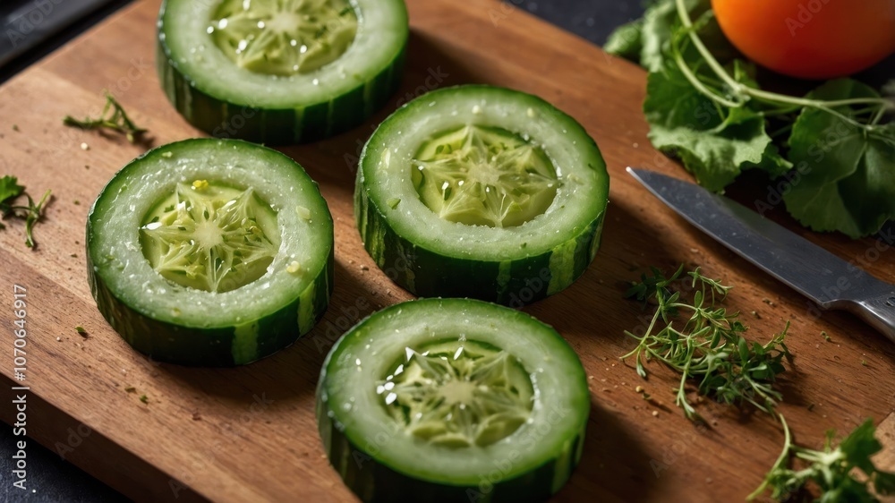 Fresh cucumber slices arranged on a wooden board with herbs and a knife. Fresh cucumber slices arranged on a wooden board with herbs and a knife.