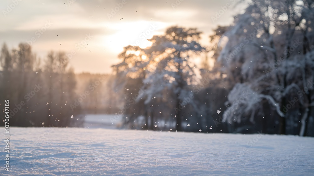 A serene winter landscape at sunrise, showcasing gently falling snowflakes and frosty trees bathed in soft morning light A serene winter landscape at sunrise, showcasing gently falling snowflakes and frosty trees bathed in soft morning light