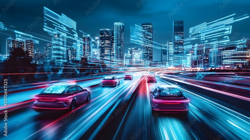 A futuristic cityscape with cars and holographic digital billboards, showcasing the integration of advanced technology in urban life A futuristic cityscape with cars and holographic digital billboards, showcasing the integration of advanced technology in urban life