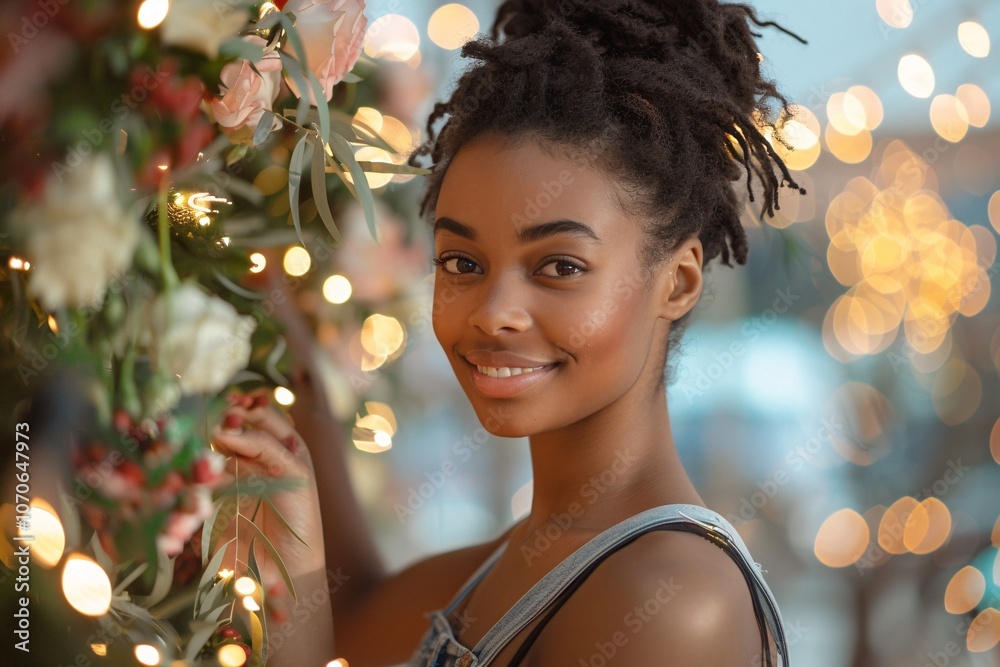 A young woman with locs stands in a cozy, brightly lit space adorned with floral decorations and fairy lights. She radiates joy as she interacts with her surroundings A young woman with locs stands in a cozy, brightly lit space adorned with floral decorations and fairy lights. She radiates joy as she interacts with her surroundings