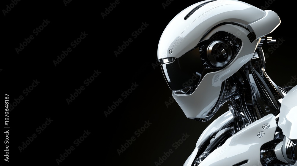 A futuristic robot head with sleek design and reflective surfaces against a dark background. A futuristic robot head with sleek design and reflective surfaces against a dark background.