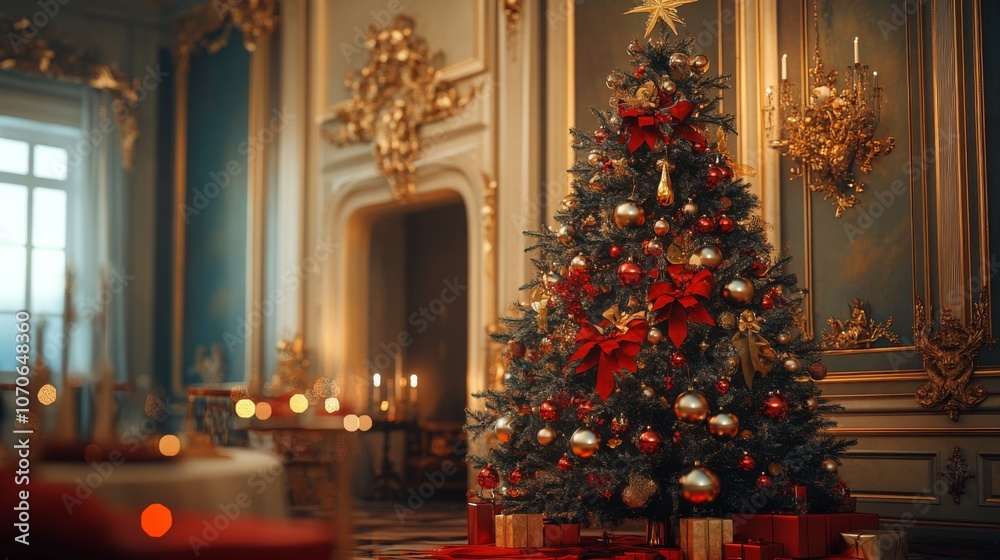 Decorated Christmas Tree in a Grand Room Decorated Christmas Tree in a Grand Room