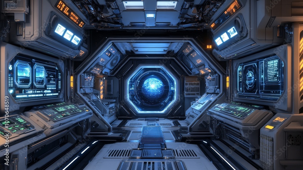 A futuristic spaceship interior featuring control panels and a glowing portal. A futuristic spaceship interior featuring control panels and a glowing portal.