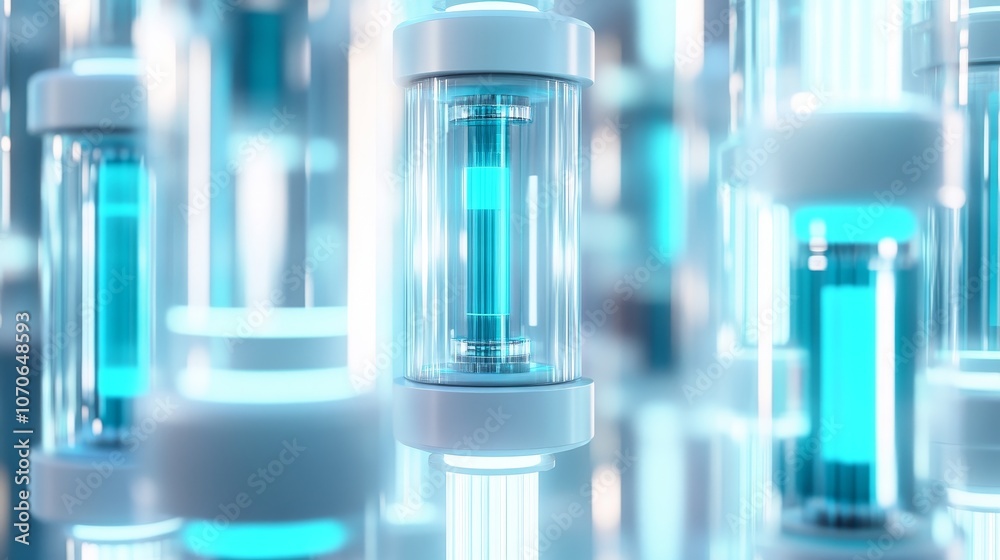 A futuristic scene featuring glowing glass vial with blue liquid, suggesting a scientific or technological theme. A futuristic scene featuring glowing glass vial with blue liquid, suggesting a scientific or technological theme.