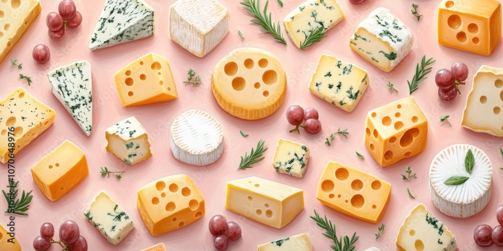 An Assortment of Cheeses with Grapes and Herbs on a Pink Background
