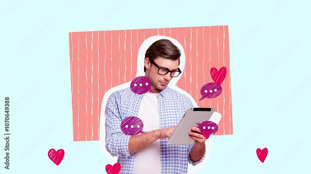 Motion collage video of happy man blogger surf ereader device receive like heart notification comment bubble 