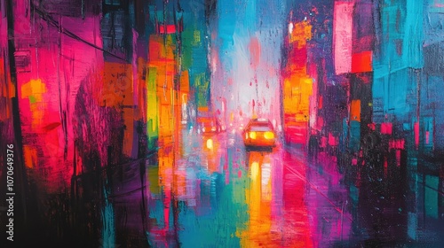 An abstract cityscape with layered neon lights and glistening rain