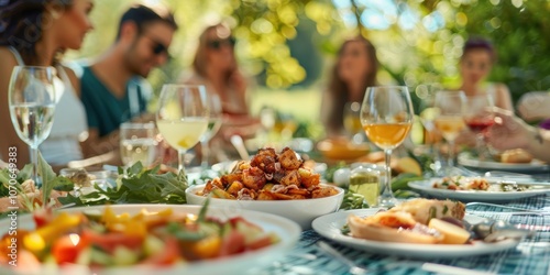 Group gathering with diverse friends enjoying food and drinks at an outdoor table, celebrating happiness and relaxation during a festive occasion