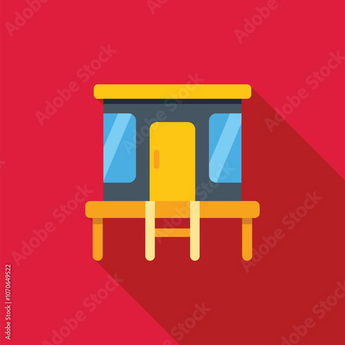 Flat design icon of a small guardhouse, emphasizing security and surveillance with its prominent yellow door and accessible ladder