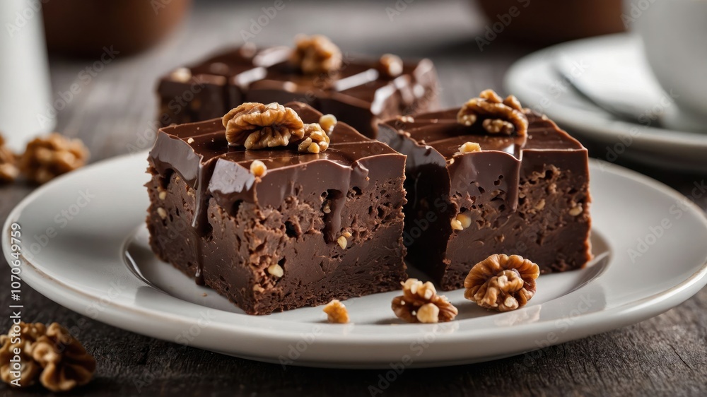 A close-up of rich chocolate brownies topped with walnuts on a white plate. A close-up of rich chocolate brownies topped with walnuts on a white plate.