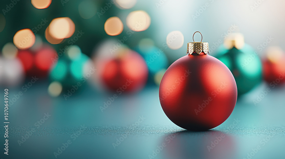 Fototapeta premium close up of red Christmas bauble with festive background