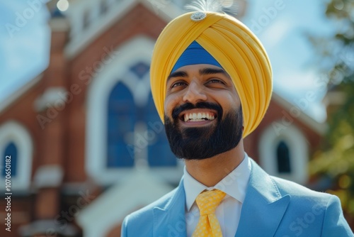 Low angle view of a man in a turban and suit. Cultural and religious theme photo