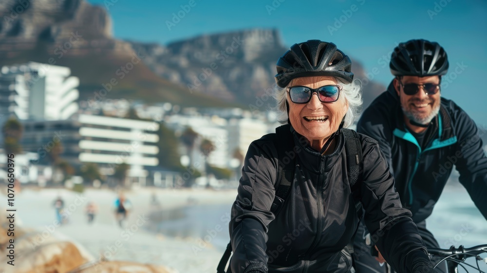 Portrait of an older woman smiling while cycling, promoting wellness through exercise and fitness with a focus on safety and eco-friendly practices Portrait of an older woman smiling while cycling, promoting wellness through exercise and fitness with a focus on safety and eco-friendly practices