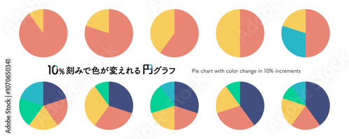 10％刻みで色が変えれる円グラフのイラストセット。シンプルな百分率のチャート。10分割された円のインフォグラフィクアイコン。