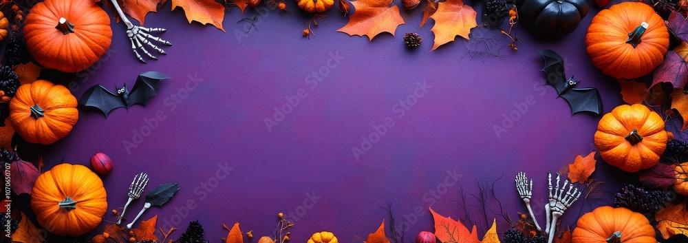Halloween background with pumpkins, bats, and skeleton hands on purple paper, flat lay top view, minimalist style with copy space for text. Halloween background with pumpkins, bats, and skeleton hands on purple paper, flat lay top view, minimalist style with copy space for text.