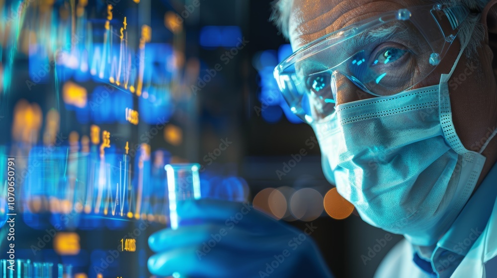 Senior researcher in a futuristic setting, holding a test tube, interacting with a hologram related to biotechnology and vaccinations while wearing gloves Senior researcher in a futuristic setting, holding a test tube, interacting with a hologram related to biotechnology and vaccinations while wearing gloves