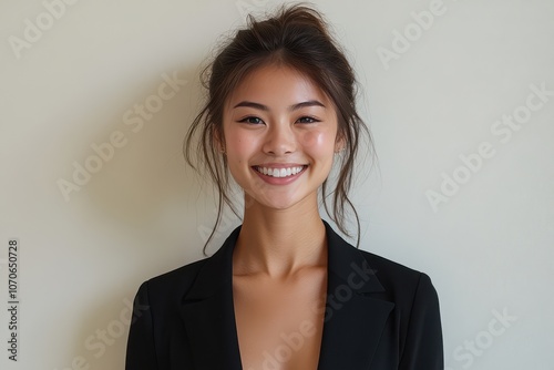 Portraits of Asian women in simple casual attire, standing against plain white background, wear minimal makeup display natural expressions, emphasizing modern, everyday style. photo