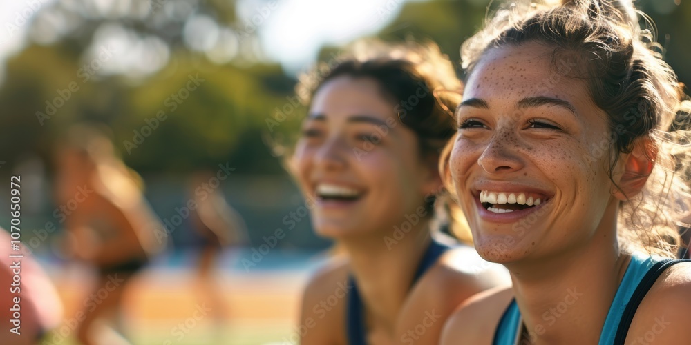 Obraz premium Friends bonding during fitness activities, enjoying a break from training or competition. Happy athletes strategizing and building teamwork