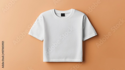 A cropped white t-shirt displayed on a light orange background, showcasing its minimalist design and casual style.