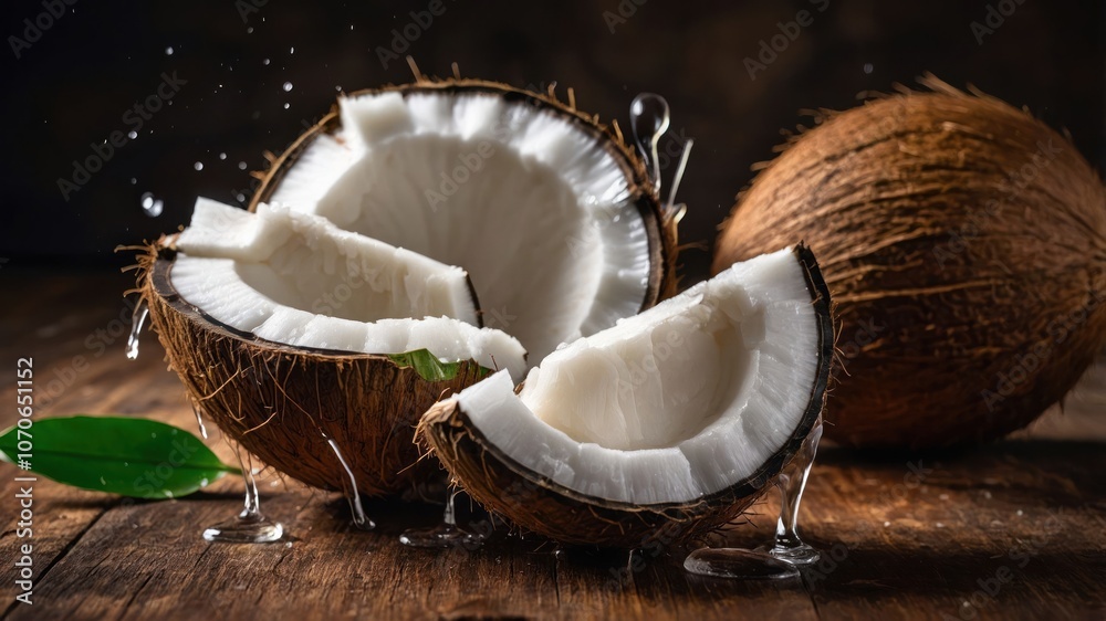 A fresh coconut with water droplets and white flesh on a wooden surface. A fresh coconut with water droplets and white flesh on a wooden surface.