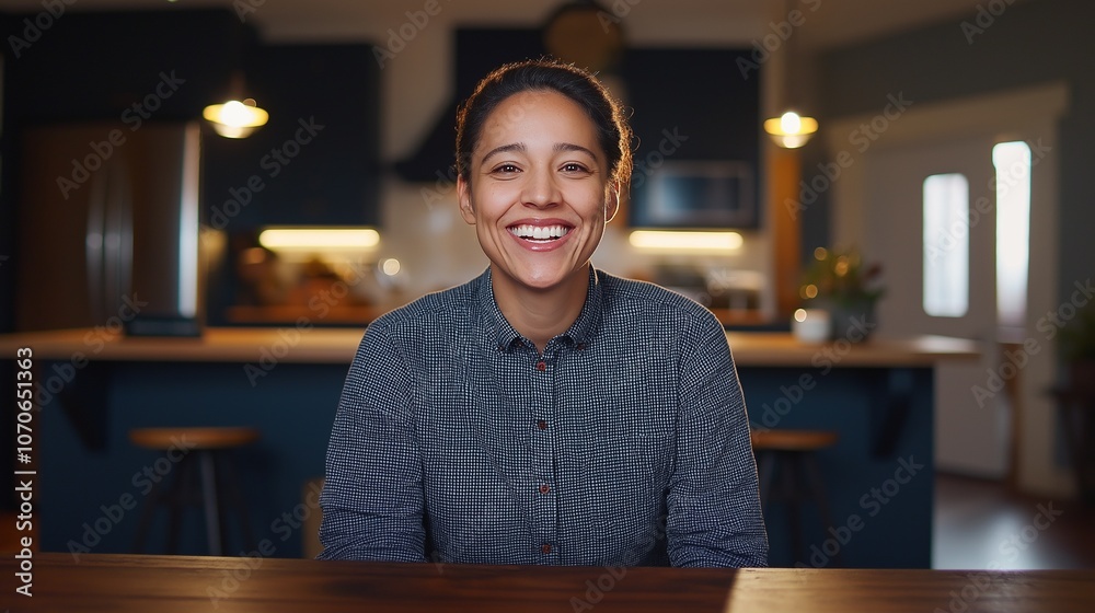 Fototapeta premium Smiling Woman Participating in Virtual Meeting from Cozy Home Kitchen