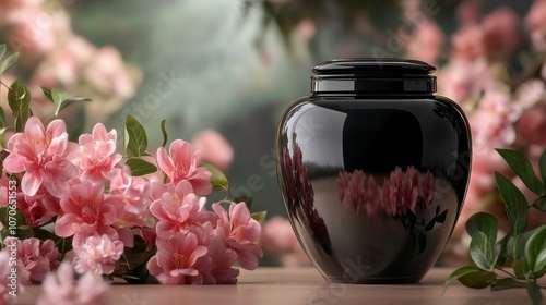 Black Memorial Urn Holding Cremated Ashes with Pink Blossoms in Soft Light