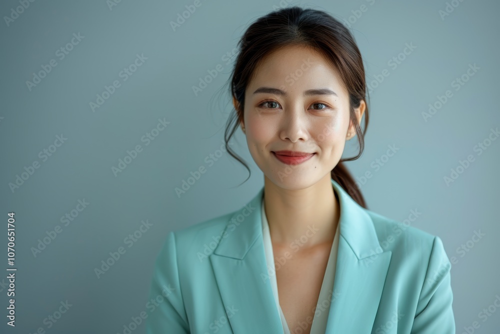 An Asian woman in a pastel green suit smiles warmly at the camera, her confident stance highlighted by the cool, grey-green studio background. An Asian woman in a pastel green suit smiles warmly at the camera, her confident stance highlighted by the cool, grey-green studio background.