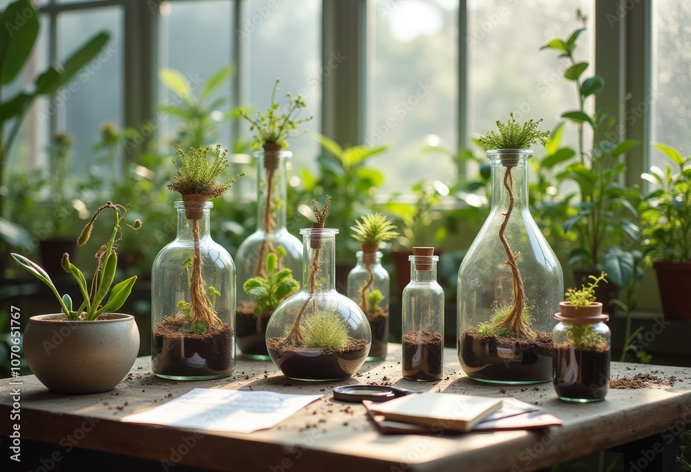 A serene indoor garden with various plants in glass containers on a wooden table, illuminated by natural sunlight in a bright room A serene indoor garden with various plants in glass containers on a wooden table, illuminated by natural sunlight in a bright room