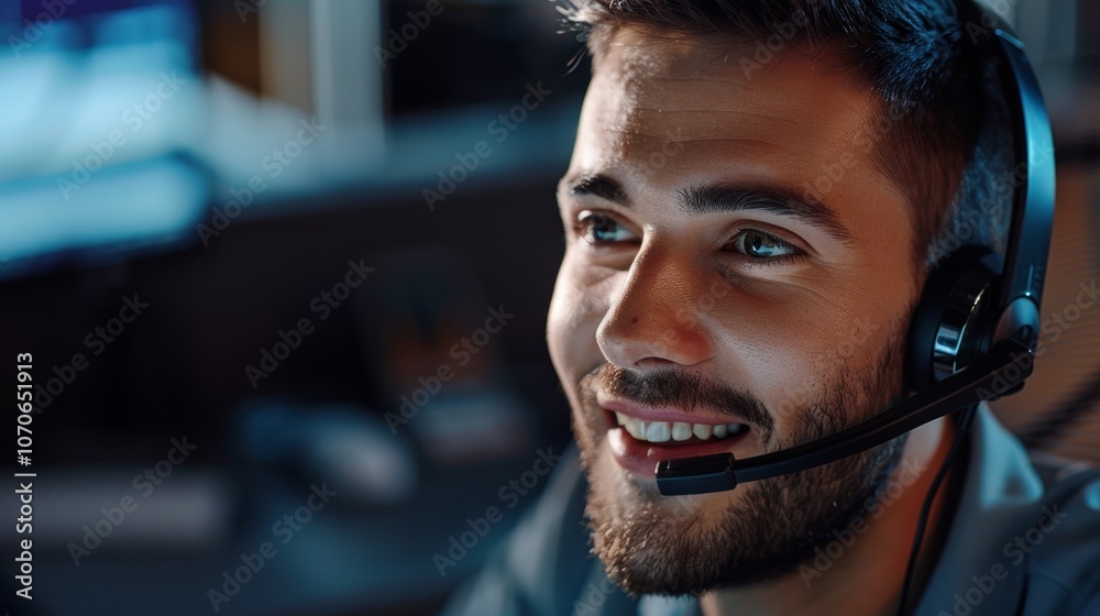 Telecom sales and telemarketing professional providing customer service while communicating via headphones in a call center environment Telecom sales and telemarketing professional providing customer service while communicating via headphones in a call center environment