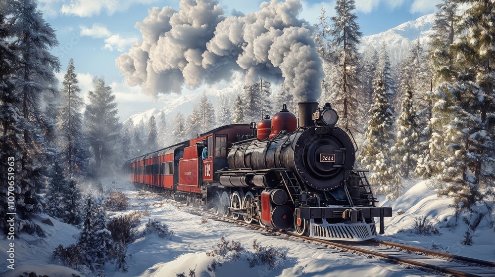 Fototapeta premium Classic Steam Locomotive Traveling Through Snowy Landscape in Winter