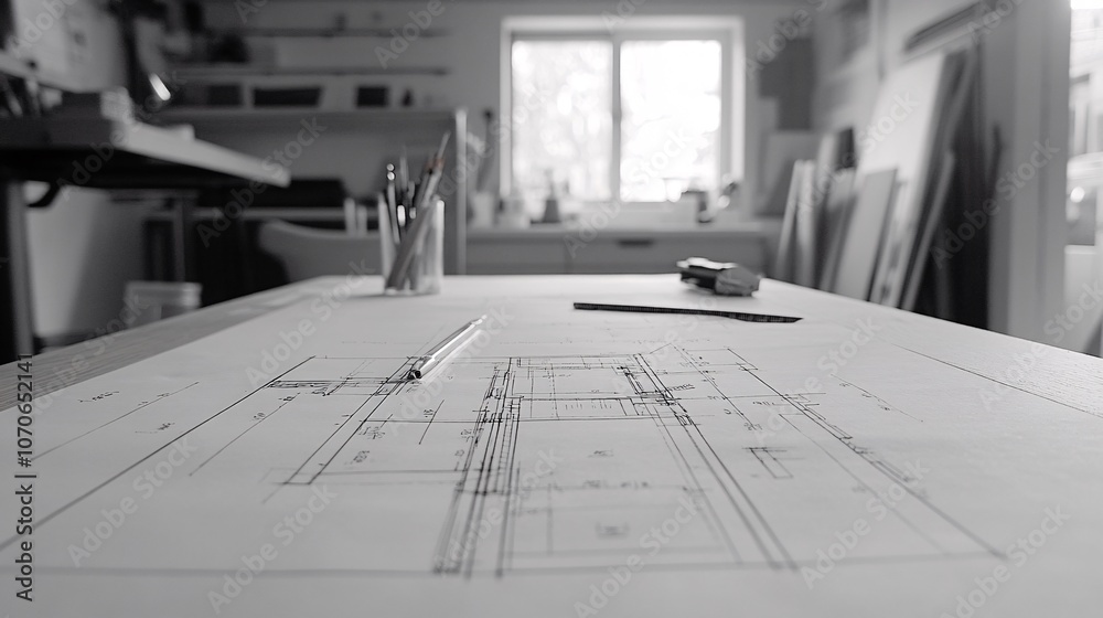 A blueprint with a ruler and pencil outline, representing design and planning A blueprint with a ruler and pencil outline, representing design and planning