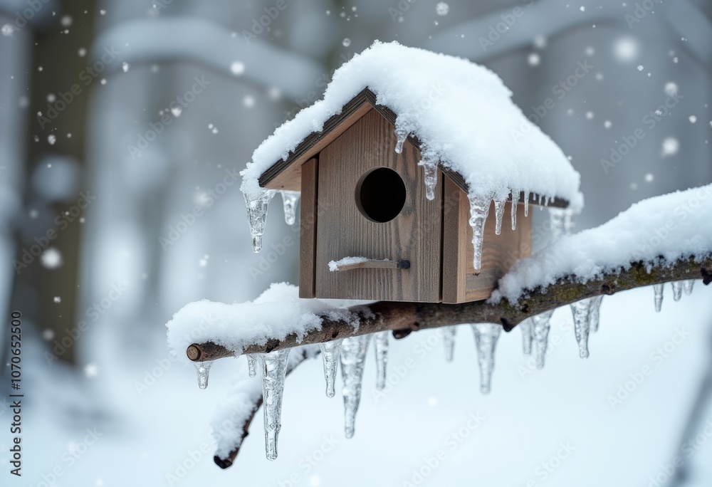A snow-covered birdhouse hangs from a branch in a quiet winter forest with falling snowflakes A snow-covered birdhouse hangs from a branch in a quiet winter forest with falling snowflakes