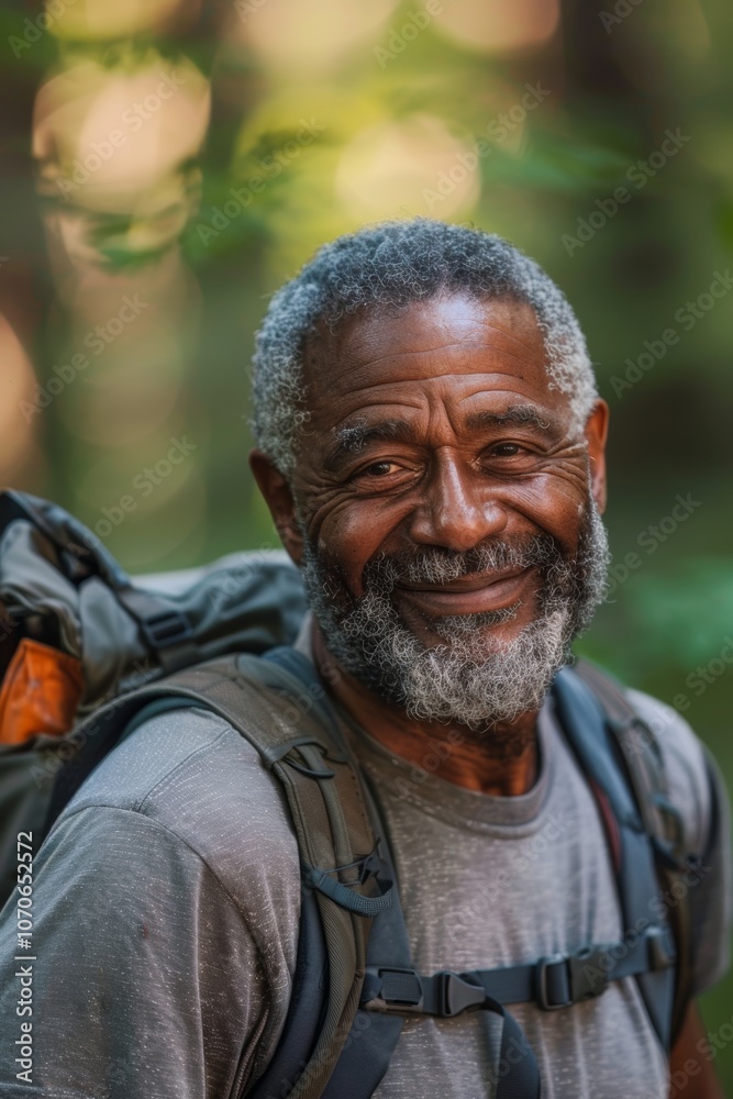 Elderly man enjoying a nature hike for fitness and wellness, embracing an outdoor journey in the forest. Joyful trekker focused on health and cardiovascular activity Elderly man enjoying a nature hike for fitness and wellness, embracing an outdoor journey in the forest. Joyful trekker focused on health and cardiovascular activity