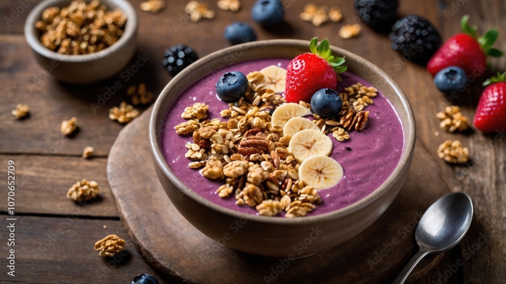 A vibrant smoothie bowl topped with granola, fruits, and nuts, served on a wooden table. A vibrant smoothie bowl topped with granola, fruits, and nuts, served on a wooden table.