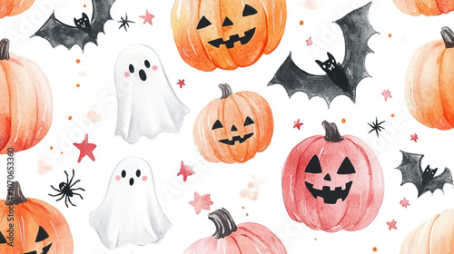 Halloween set vector illustration with ghost, potion, branches, moon, crescent, leaves, pumpkins, stars, eyes and candies, sweets. Halloween card, Halloween seamless pattern.