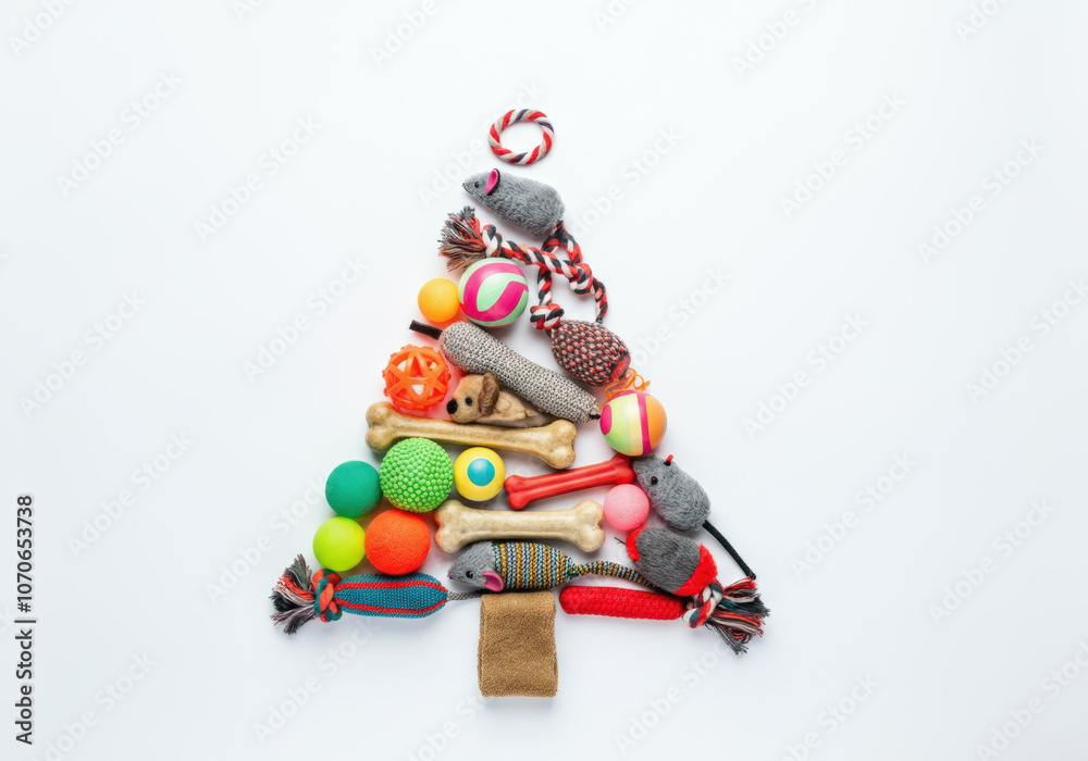 Fototapeta premium Christmas tree made of toys for cats and dogs: ropes, mice, bones and balls, on a white background. Top view