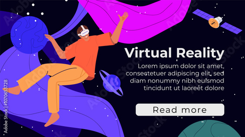 Man flies in outer space with planets and stars in VR headset and futuristic glasses interacting and exploring a virtual world. Metaverse digital virtual reality. Concept of future innovations.