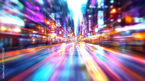 A vibrant cityscape featuring blurred lights and colors, creating a dynamic and energetic urban atmosphere.