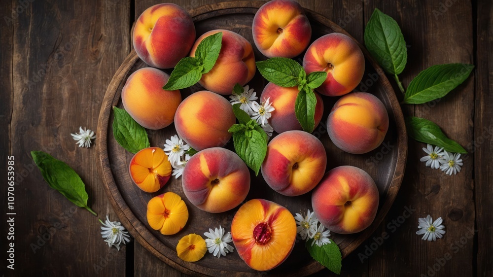 A vibrant arrangement of peaches on a wooden platter, accented with leaves and flowers. A vibrant arrangement of peaches on a wooden platter, accented with leaves and flowers.