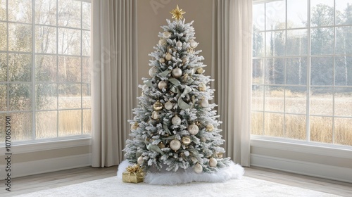 Decorated Snow-Flocked Christmas Tree in a Room with Windows