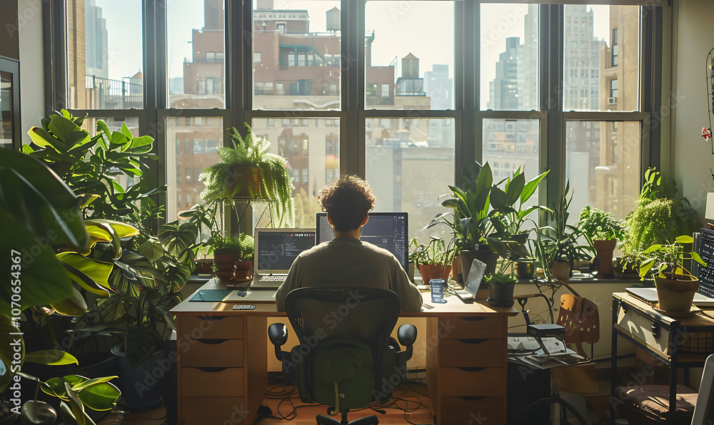 A man working from his home office, surrounded by lush indoor plants, creating a productive and calming environment with a perfect blend of nature and modern workspace. A man working from his home office, surrounded by lush indoor plants, creating a productive and calming environment with a perfect blend of nature and modern workspace.