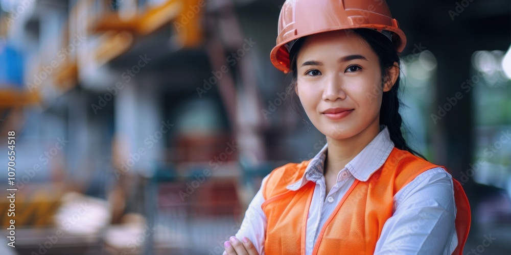 Portrait of a woman with arms crossed in a hard hat and vest, smiling while overseeing a new project outdoors Portrait of a woman with arms crossed in a hard hat and vest, smiling while overseeing a new project outdoors