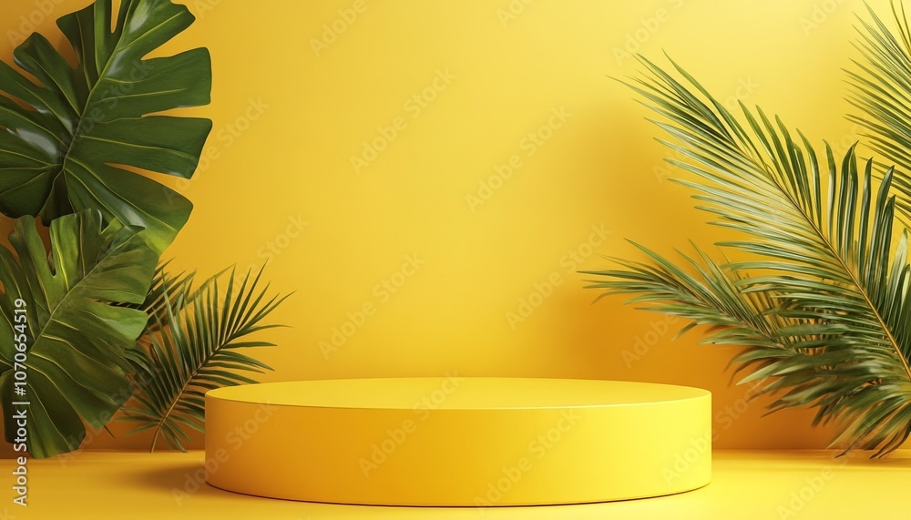 Yellow Podium Product Background with Tropical Leaves Sunlight Yellow Podium Product Background with Tropical Leaves Sunlight
