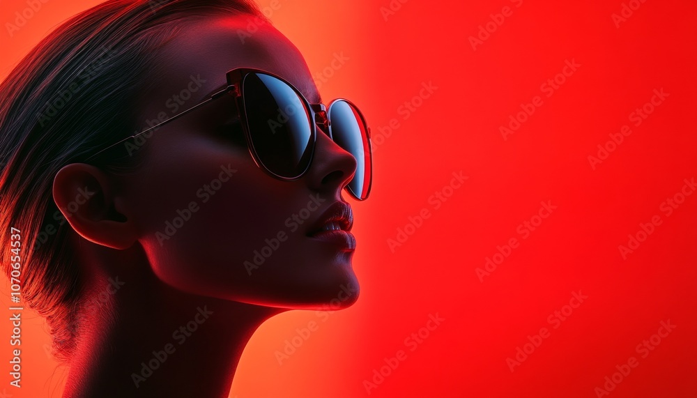 Stylish Profile of Person Wearing Sunglasses with Red Background Stylish Profile of Person Wearing Sunglasses with Red Background