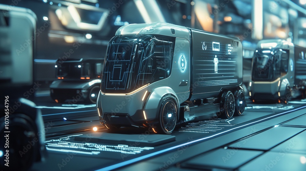 Futuristic Delivery Vehicles in Modern Warehouse Setting Futuristic Delivery Vehicles in Modern Warehouse Setting