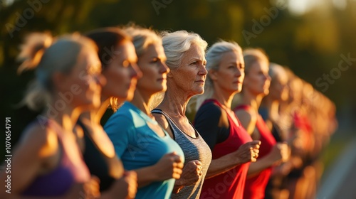 Wallpaper Mural Group of Senior Women Jogging Outdoors at Sunset for Fitness and Well being. Generative ai Torontodigital.ca